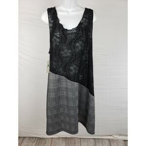 Noblu Black Plaid Dress Cotton Spandex Sleeveles Size L Floral Lace